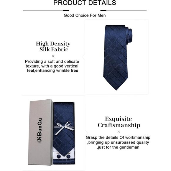 🆕Men Blue Plaid Silk Checkered Necktie and Pocket Square Cufflinks Tie Clip Set - Picture 6 of 6